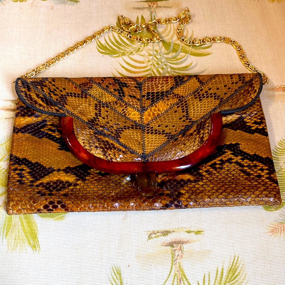 Vintage! Imported  snake skin evening purse! lined in black leather,
